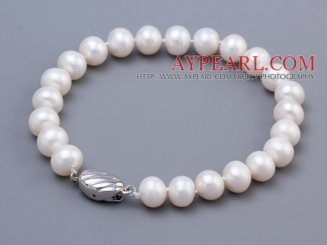 Fashion 8-9mm Natural White Freshwater Pearl Beaded Bracelet With Special Clasp