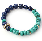Elegant Faceted Xinjiang Green Turquoise And Round Lapis Beads Stretch Bangle Bracelet