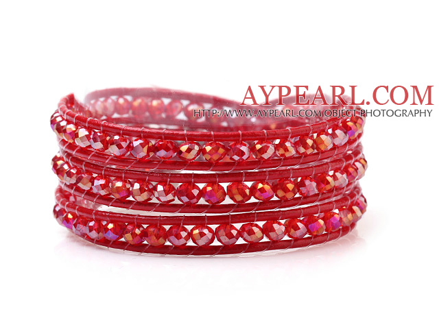 Fashion 4mm Multilayer Manmade Red Crystal And Red Leather Wrap Bracelet