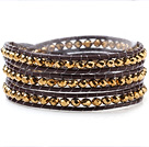 Fashion 4mm Multilayer Manmade Golden Crystal And Dark Brown Leather Wrap Bracelet