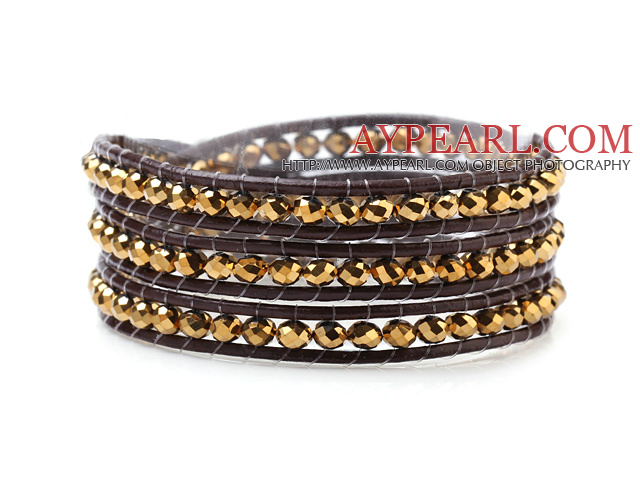 Fashion 4mm Multilayer Manmade Golden Crystal And Dark Brown Leather Wrap Bracelet