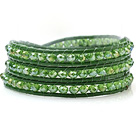 Fashion Green Series Multilayer 4mm Manmade Crystal And Hand-Knotted Leather Wrap Bracelet