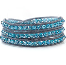Fashion Multilayer 4mm Lake Blue Manmade Crystal And Hand-Knotted Leather Wrap Bracelet