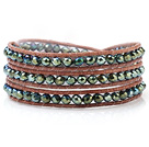 Wholesale Fashion Multilayer 4mm Lake Blue Manmade Crystal And Hand-Knotted Brown Leather Wrap Bracelet