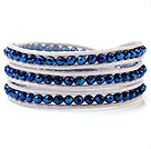 Popular Multilayer 4mm Blue Manmade Crystal And Hand-Knotted White Leather Wrap Bracelet