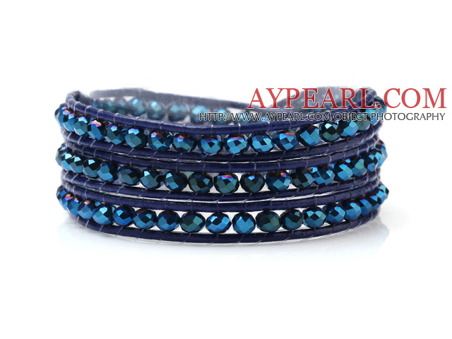 Popular Multilayer 4mm Blue Series Manmade Crystal And Hand-Knotted Leather Wrap Bracelet