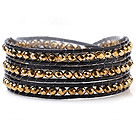 Popular Multilayer 4mm Manmade Golden Crystal And Hand-Knotted Leather Wrap Bracelet