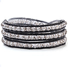 Fashion Multilayer 4mm White Manmade Crystal And Hand-Knotted Black Leather Wrap Bracelet