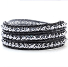 Fashion Multilayer 4mm Silver Color Manmade Crystal And Hand-Knotted Black Leather Wrap Bracelet