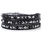 Wholesale Fashion Multilayer 4mm Silver Black Manmade Crystal And Hand-Knotted Black Leather Wrap Bracelet