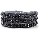 Fashion Multilayer 4mm Black Series Manmade Crystal And Hand-Knotted Leather Wrap Bracelet
