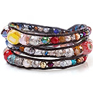 Wholesale Popular Multilayer Multi Stone And Manmade Crystal Hand-Knotted Brown Leather Wrap Bracelet