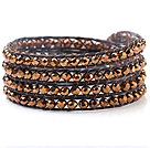 Wholesale Nice Multilayer 4mm Gold Manmade Crystal And Hand-Knotted Brown Wax Cord Wrap Bracelet