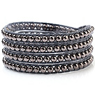 Nice Multilayer 4mm Blackish Gray Alloy Beads And Hand-Knotted Wax Cord Wrap Bracelet