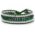 Wholesale Fashion Multilayer 4mm Round Malachite And Silver Beads Hand-Knotted Green Leather Wrap Bracelet