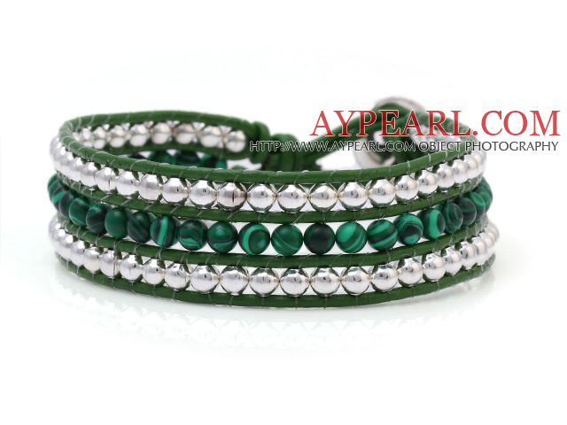 Fashion Multilayer 4mm Round Malachite And Silver Beads Hand-Knotted Green Leather Wrap Bracelet