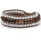 Fashion Multilayer 4mm Round Tiger Eye And Silver Beads Hand-Knotted Brown Leather Wrap Bracelet
