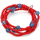 Wholesale Fashion Multilayer Red Jade-Like Crystal And Round Faceted Blue Agate Elastic Bracelet