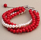Fashion Multilayer Round Red Coral And Natural White Freshwater Pearl Bangle Bracelet