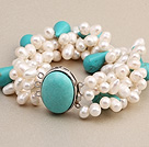 Fashion Multilayer White Freshwater Pearl And Tear Drop Blue Turquoise Wrap Bangle Bracelet