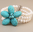Fashion Three-Row White Freshwater Pearl And Wired Blue Turquoise Flower Wrap Bracelet