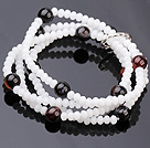 Wholesale Fashion Multi Strands White Jade-Like Crystal And Round Black Stone Stretch Bracelet
