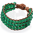 Popular Three-Layer 6mm Round Green Agate Brown Leather Wrap Bracelet