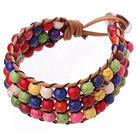 Popular Three-Layer 6mm Round Multi Colorful Turquoise Brown Leather Wrap Bracelet