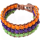 Popular Three-Layer 6mm Round Orange Purple And Green Turquoise Brown Leather Wrap Bracelet