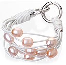 Fashion Multilayer 10-11mm Natural Pink Freshwater Pearl And White Leather Bracelet With Double-Ring Clasp