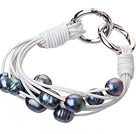 Fashion Multilayer 10-11mm Natural Black Freshwater Pearl And White Leather Bracelet With Double-Ring Clasp