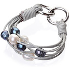 Fashion Multilayer 10-11mm Natural Black White Freshwater Pearl And Gray Leather Bracelet With Double-Ring Clasp