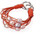 Fashion Multilayer 10-11mm Natural Pink Purple Freshwater Pearl And Orange Leather Bracelet With Double-Ring Clasp