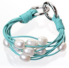 Fashion Multilayer 10-11mm Natural White Freshwater Pearl And Blue Leather Bracelet With Double-Ring Clasp