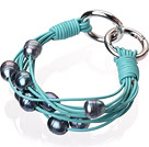 Fashion Multilayer 10-11mm Natural Black Freshwater Pearl And Blue Leather Bracelet With Double-Ring Clasp