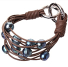 Fashion Multilayer 10-11mm Natural Black Freshwater Pearl And Brown Leather Bracelet With Double-Ring Clasp