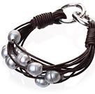 Popular Multi Strands Natural 10-11mm Gray Freshwater Pearl And Dark Brown Leather Bracelet With Double-Ring Clasp