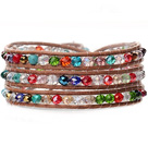 Wholesale Lovely Multilayer 4mm Colorful Manmade Crystal And Hand Knotted Brown Leather Wrap Bracelet