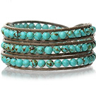 Lovely Multilayer 4mm Round Green Turquoise And Hand Knotted Brown Leather Wrap Bracelet