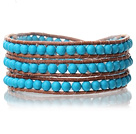 Lovely Multilayer 4mm Round Blue Turquoise And Hand Knotted Brown Leather Wrap Bracelet