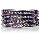 Wholesale Lovely Multilayer 4mm Mixed Color Manmade Crystal And Hand Knotted Purple Leather Wrap Bracelet