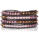 Wholesale Lovely Multilayer 4mm Mixed Color Manmade Crystal And Hand Knotted Brown Leather Wrap Bracelet
