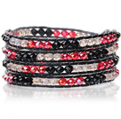 Wholesale Lovely Multilayer 4mm Mixed Color Manmade Crystal And Hand Knotted Black Leather Wrap Bracelet