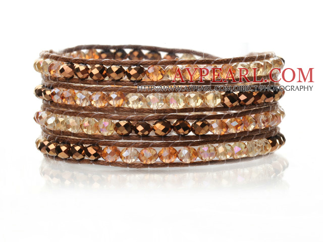 Lovely Multilayer 4mm Golden Yellow Series Crystal And Hand Knotted Brown Leather Wrap Bracelet