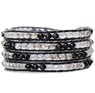 Lovely Multilayer 4mm Mixed Color Manmade Crystal And Hand Knotted Black Leather Wrap Bracelet