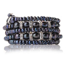 Pretty Multilayer Natural Mixed Size Black Freshwater Pearl Beaded Wrap Bracelet With Silver Rhinestone Charms