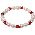 Wholesale Fashion Natural White Freshwater Pearl And Round Red Agate Beaded Elastic Bracelet With Silver Rhinestone Charms