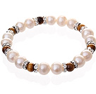 Wholesale Fashion Natural White Freshwater Pearl And Round Tiger Eye Beaded Elastic Bracelet With Silver Rhinestone Charms