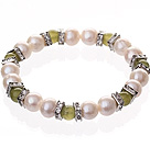 Fashion Natural White Freshwater Pearl And Round Yellow Olive Beaded Elastic Bracelet With Silver Rhinestone Charms