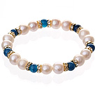 Wholesale Fashion Natural White Freshwater Pearl And Round Blue Agate Beaded Elastic Bracelet With Gold Rhinestone Charms